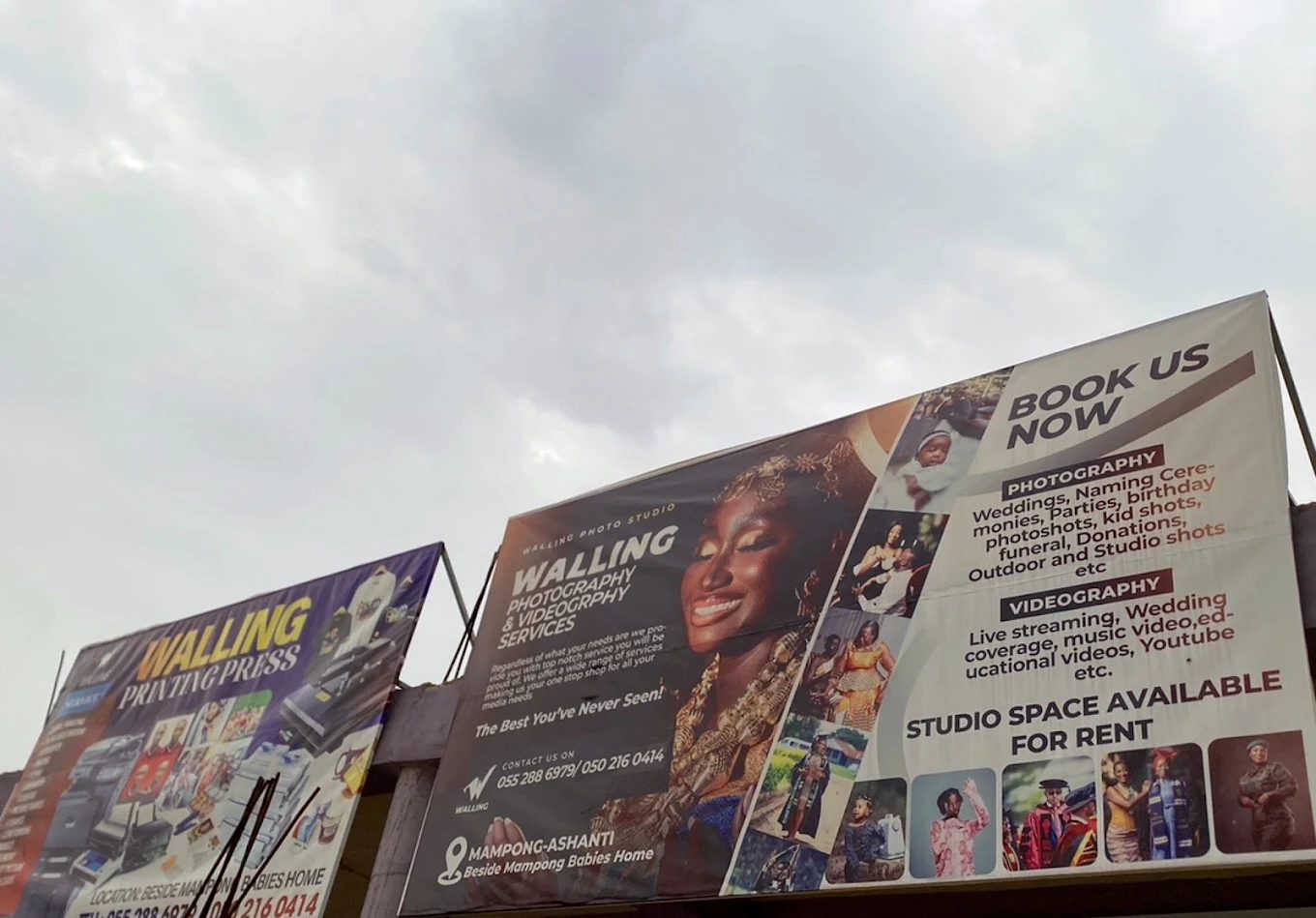Walling Photography and Printing Press storefront signage in Ashanti Mampong